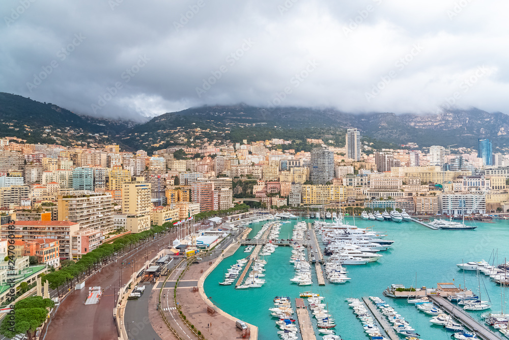 Monaco, bay of Monte Carlo with the marina, luxury buildings and towers