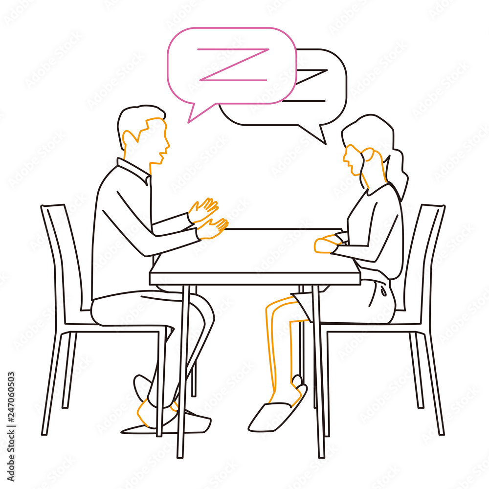 3色の線画　男女が打合せ　議論　黒基調