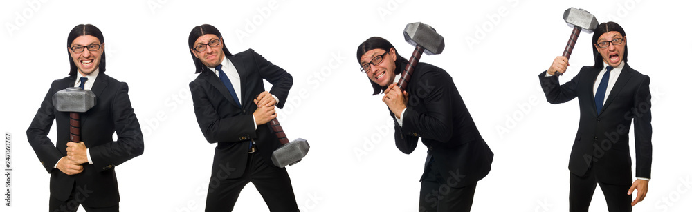 Handsome businessman holding hammer isolated on white Handsome businessman holding hammer isolated on white