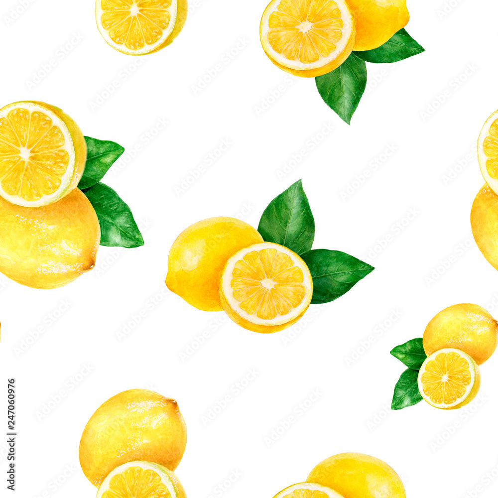 Watercolor hand drawn lemon fruit seamless pattern.