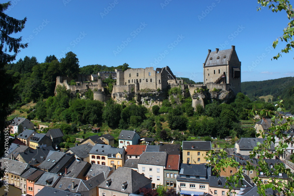 Castle ruins overlooking the village of Larochette in Luxembourg