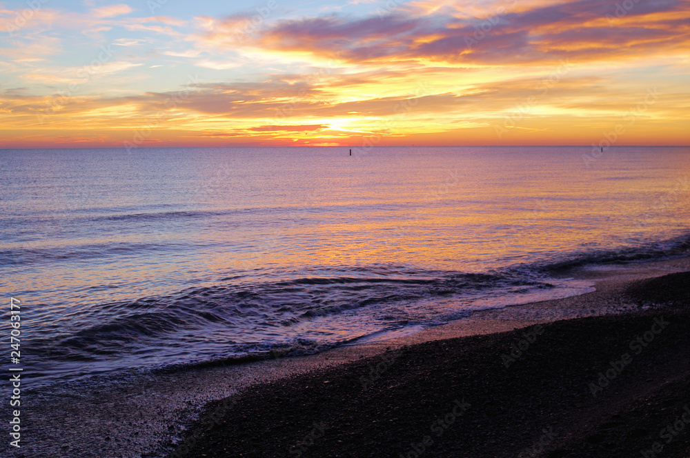 sunrise over the sea,water, sun, clouds,horizon,view,seascape,wave, reflection,orange 