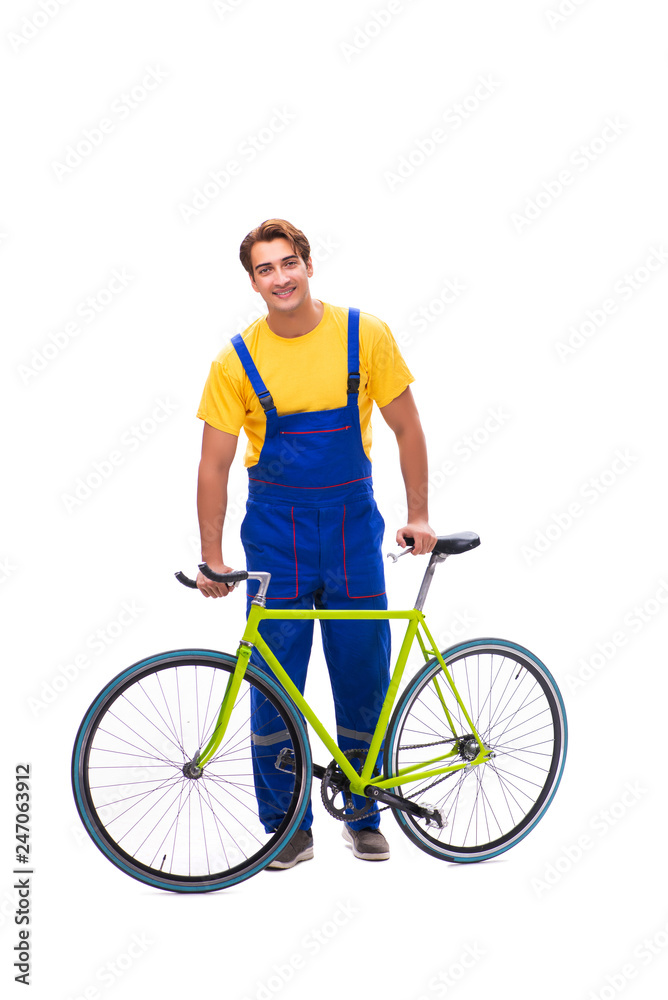 Man repairing his bike isolated on white background Man repairing his bike isolated on white background