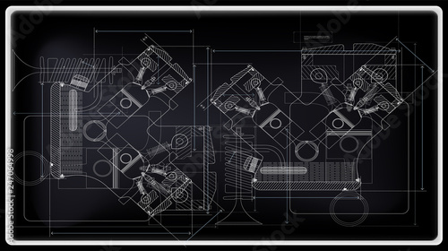 Vector background of the car engine and its components can be used as a technical background for illustration.