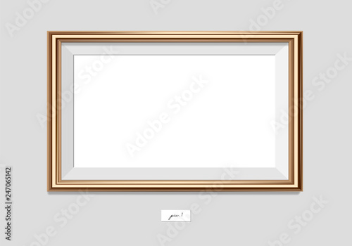 Horizontal golden frame on the wall. Vector EPS10 illustration. Wall picture frame mock-up.