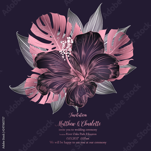 Abstract vintage floral background with shining tropical hibiscus flowers and leaves monstera. Invitation to the wedding ceremony, congratulations.