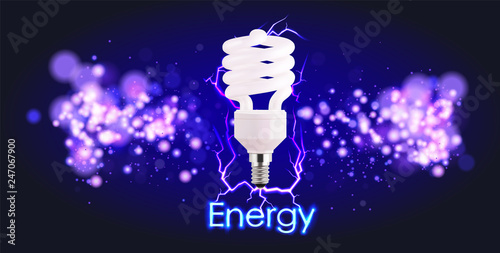 Eco energy saving light bulb, glowing compact fluorescent lightbulb. Energy saving digital design concept of blue glowing neon flasf lights. Eco energy banner. photo