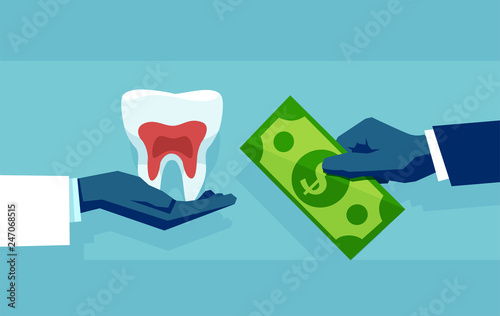 Vector of a doctor hand with healthy tooth and patient giving money.