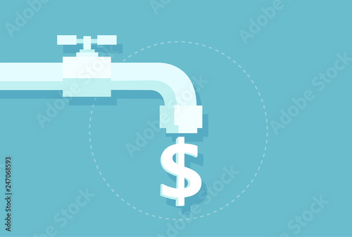 Vector of money dollar sign flowing from faucet