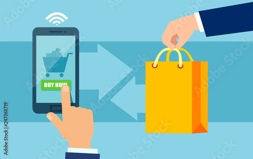 Vector of a hand making online orders from smartphone or tablet and products being delivered