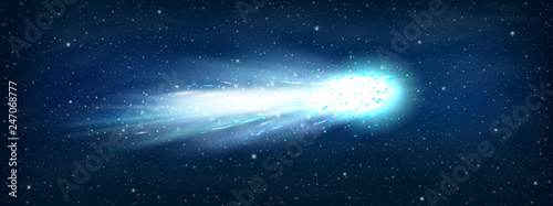 Comet asteroid and meteorite. Atmospheric fireballs. Illustration of asteroid and comet, meteor and meteorite. Comet shooting effect and glowing asteroids, stars at night sky, cosmos starlight trail