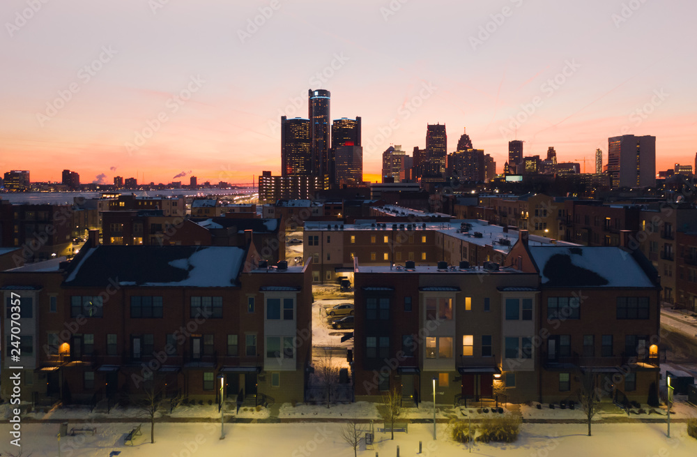 Detroit Cityscape with Condominiums at Sunset