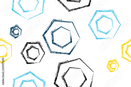 Seamless, abstract background pattern made paint brush lines forming hexagon shapes. Playful, modern vector art on white background.