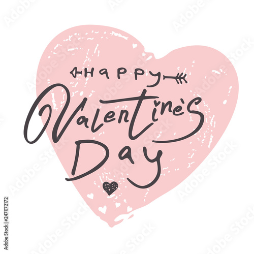Happy Valentine's Day. Vintage big heart with handwritten modern inscription and cupid's arrow. Vector template for romantic design.