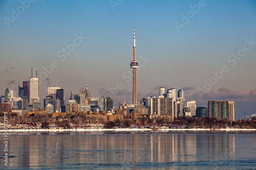 Photography Toronto, CANADA - February 1th, 2019: Panoramic Canadian winter landscape near Toronto, beautiful frozen Ontario lake at sunset
