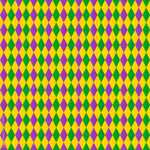 Traditional Mardi Gras background. Colorful harlequin seamless pattern. Green, purple and yellow geometric vector background for Fat or Shrove Tuesday posters, banners, cards, party invitations.