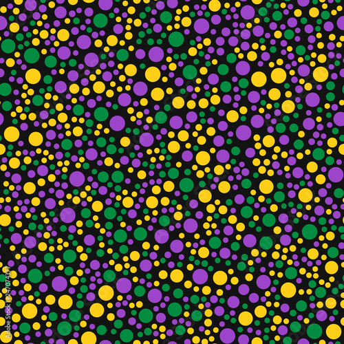 Colorful confetti seamless pattern.  Mardi gras carnival vector background. Green, yellow and purple polka dots. Easy to edit design template for cards, masquerade party invitations, textiles, etc.