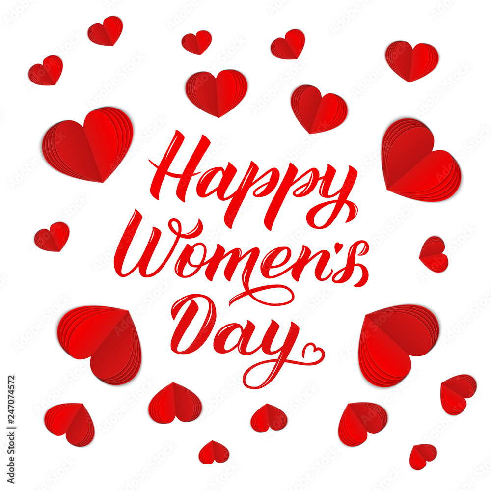 Happy Women’s Day calligraphy lettering with origami red hearts. isolated on white. International woman’s day poster, banner or greeting card. Paper cut vector illustration. Easy to edit template.