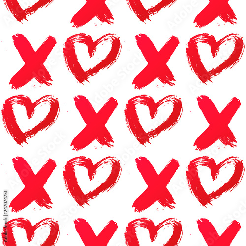 XO with heart drawn with red lipstick. Seamless pattern XOXO on white background.  Hugs and kisses abbreviation symbol. Easy to edit template for Valentine’s day. Vector illustration.