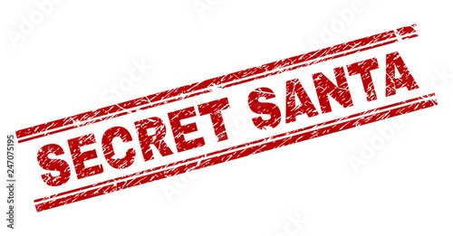 SECRET SANTA seal watermark with distress texture. Red vector rubber print of SECRET SANTA text with dust texture. Text label is placed between double parallel lines.