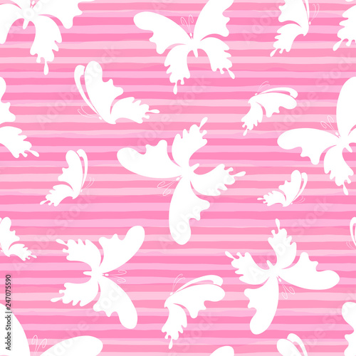 Butterflys on the pink stripes background. Vector Seamless Pattern