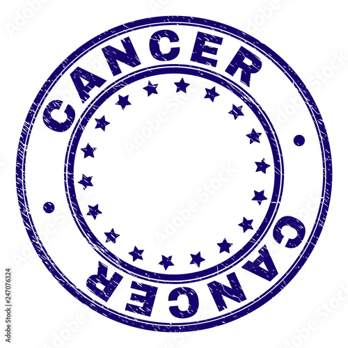 CANCER stamp seal imprint with grunge texture. Designed with circles and stars. Blue vector rubber print of CANCER caption with retro texture.