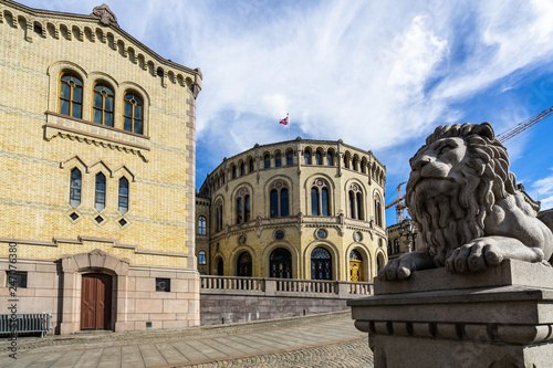 Lions statue outside the Norwegian Parliament building (Stortinget), Oslo, Norway
