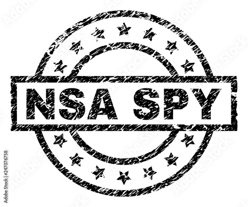 NSA SPY stamp seal watermark with distress style. Designed with rectangle, circles and stars. Black vector rubber print of NSA SPY caption with scratched texture.