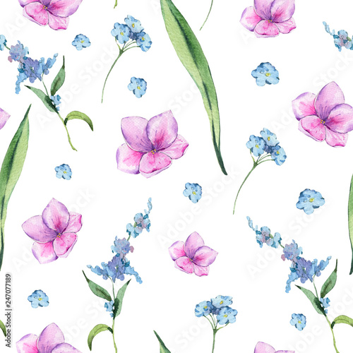 Watercolor vintage floral seamless pattern with pink and blue wildflowers