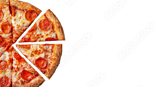 Tasty pepperoni pizza. Top view of hot pepperoni pizza. Flat lay. Isolated on white background