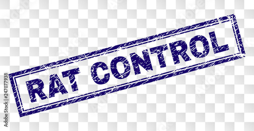 RAT CONTROL stamp seal print with rubber print style and double framed rectangle shape. Stamp is placed on a transparent background. Blue vector rubber print of RAT CONTROL text with unclean texture.