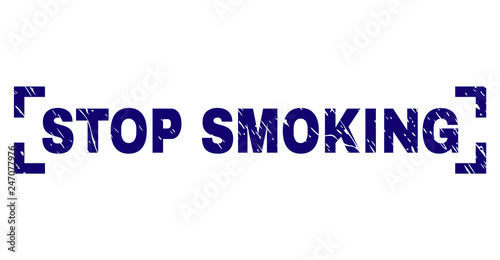 STOP SMOKING text seal imprint with distress texture. Text caption is placed between corners. Blue vector rubber print of STOP SMOKING with dust texture.