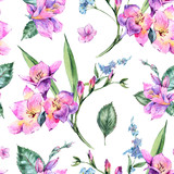 Watercolor Floral Seamless Pattern of Freesia and Garden Flowers