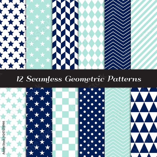 Navy Blue, Aqua and White Geometric Patterns. Modern Backgrounds in Diamond, Chevron, Polka Dot, Checks, Stars, Triangles, Herringbone & Stripes. Repeating Pattern Tile Swatches Included.