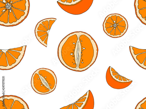 Vector illustration of sketch hand drawn pattern with colorful oranges and slice orange. Fresh fruits, citrus, Italy, Spain, mandarins. Organic food label. Vintage style, food wallpaper.