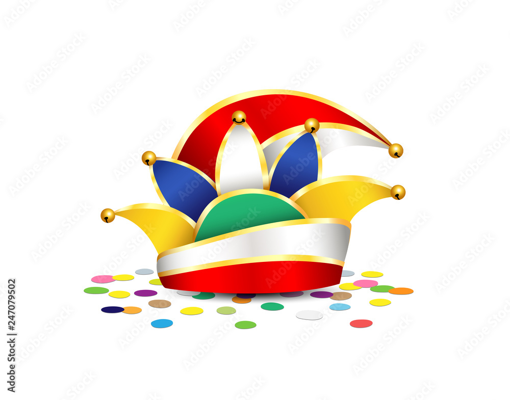 Karnevals Hut, bunter Faschingshut, Faschingskappe mit Konfetti, Vektor  Illustration isoliert auf weißem Hintergrund Stock Vector | Adobe Stock