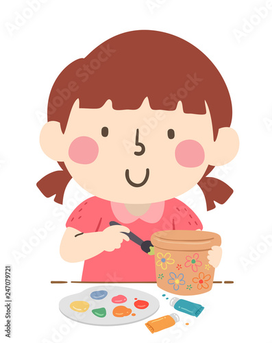 Kid Girl Paint Flower Pot Illustration