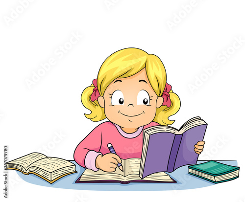 Kid Girl Write Study Illustration