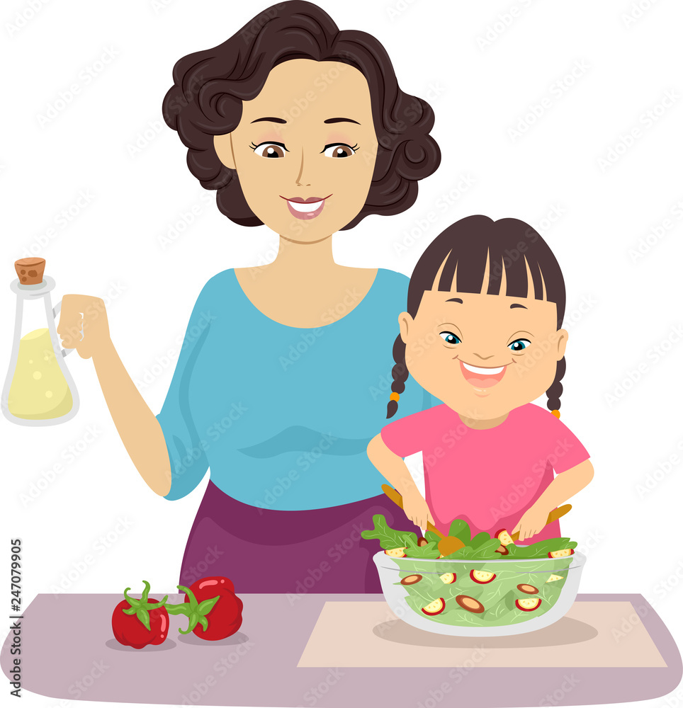 Kid Girl Down Syndrome Mom Help Preparing Food Kid Girl Down Syndrome Mom Help Preparing Food