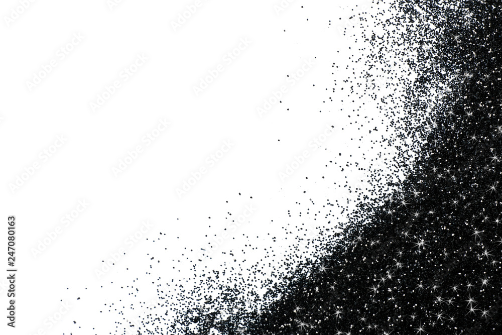 Obraz premium Bright beautiful shining black glitter on white background, top view. Space for text