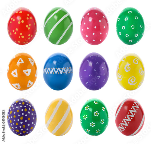 Set of colorful painted Easter eggs on white background