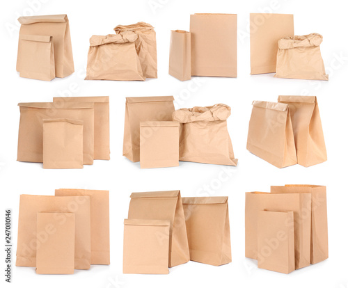 Set of brown paper bags on white background. Mockup for design