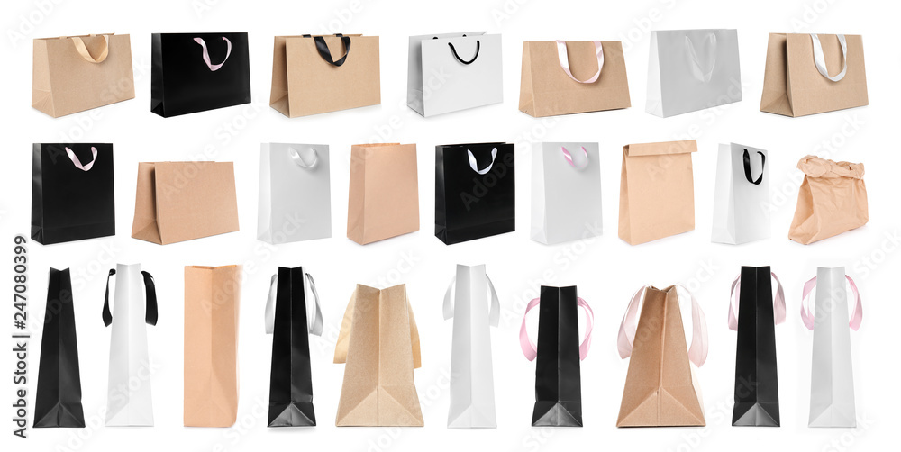 Set of different paper bags on white background. Mockup for design