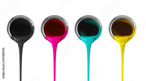 Set of bright paints pouring from silver metal cans on white background