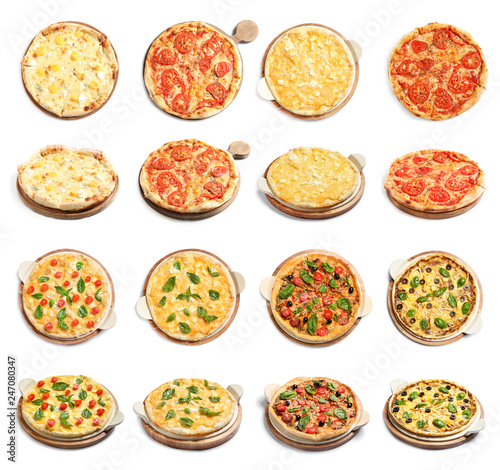 Set of different hot pizzas with delicious melted cheese on white background