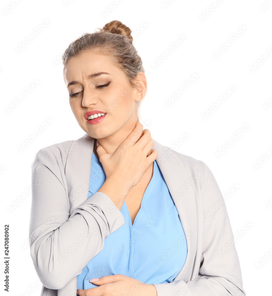Young woman scratching neck on white background. Annoying itch Young woman scratching neck on white background. Annoying itch