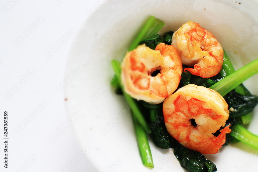 Chinese food, prawn and spinach stir fried
