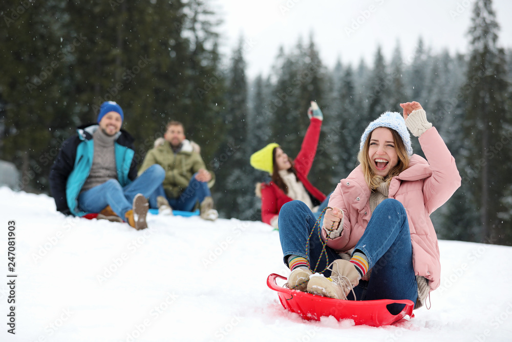 Happy friends sliding on sleds outdoors. Winter vacation - obrazy, fototapety, plakaty 