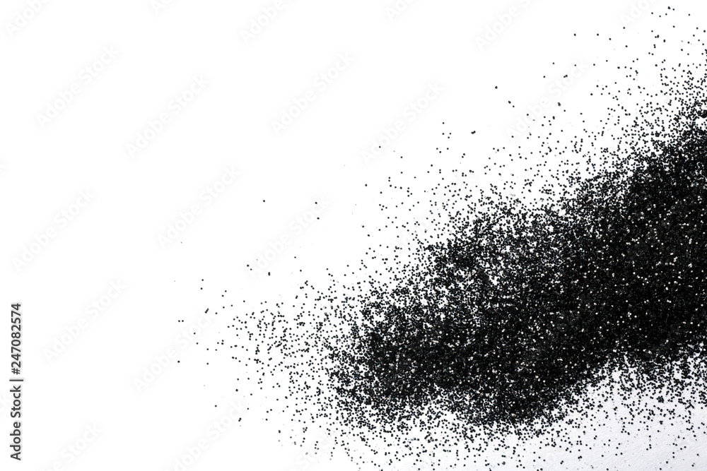 Shiny black glitter on white background, top view with space for text