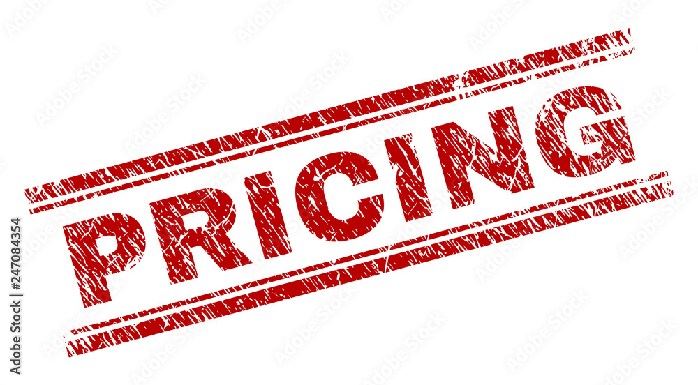 PRICING seal print with distress texture. Red vector rubber print of
